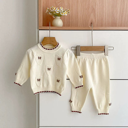 MyKids-USA® Baby Unisex Long Sleeves Heart Jacquard Pattern Knitted Top Sweater and Long Trousers Clothing Set