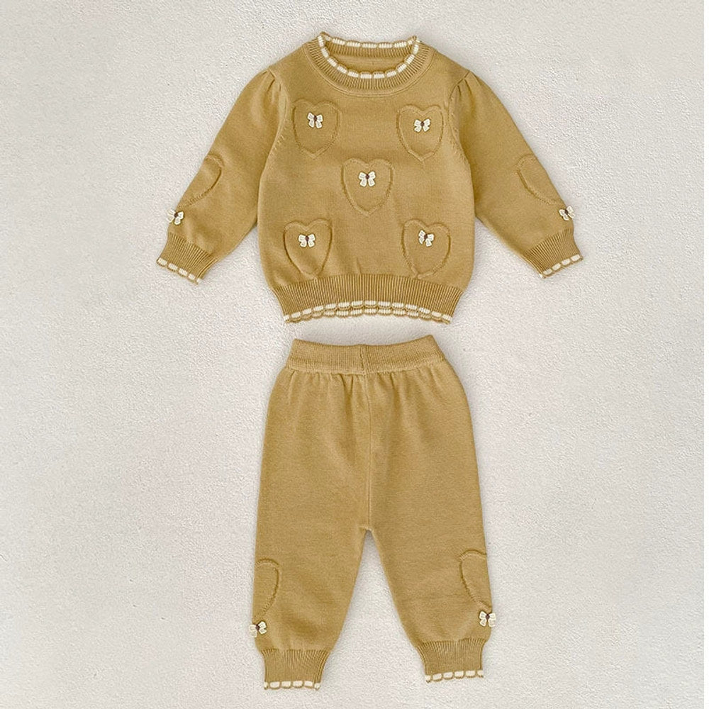 MyKids-USA® Baby Unisex Long Sleeves Heart Jacquard Pattern Knitted Top Sweater and Long Trousers Clothing Set