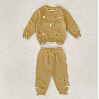 MyKids-USA® Baby Unisex Long Sleeves Heart Jacquard Pattern Knitted Top Sweater and Long Trousers Clothing Set