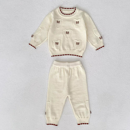 MyKids-USA® Baby Unisex Long Sleeves Heart Jacquard Pattern Knitted Top Sweater and Long Trousers Clothing Set