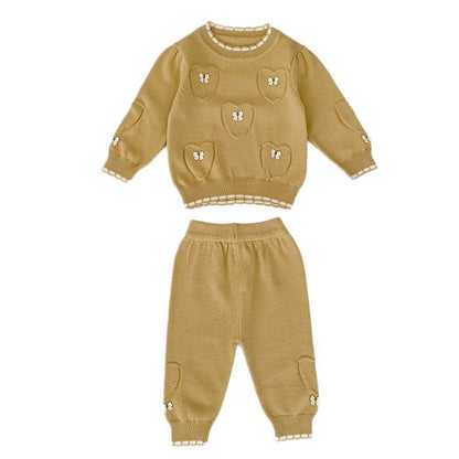 MyKids-USA® Baby Unisex Long Sleeves Heart Jacquard Pattern Knitted Top Sweater and Long Trousers Clothing Set