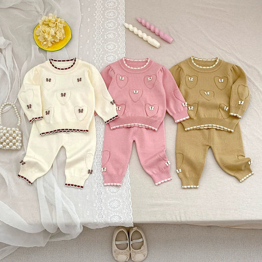 MyKids-USA® Baby Unisex Long Sleeves Heart Jacquard Pattern Knitted Top Sweater and Long Trousers Clothing Set
