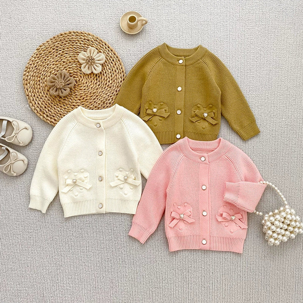 MyKids-USA® Baby Girls Comfortable Butterfly-bows Decorated Knitted Long Sleeves Cardigan