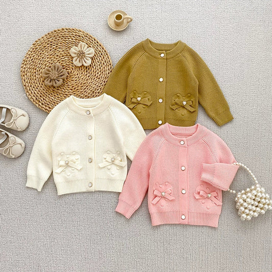 MyKids-USA® Baby Girls Comfortable Butterfly-bows Decorated Knitted Long Sleeves Cardigan