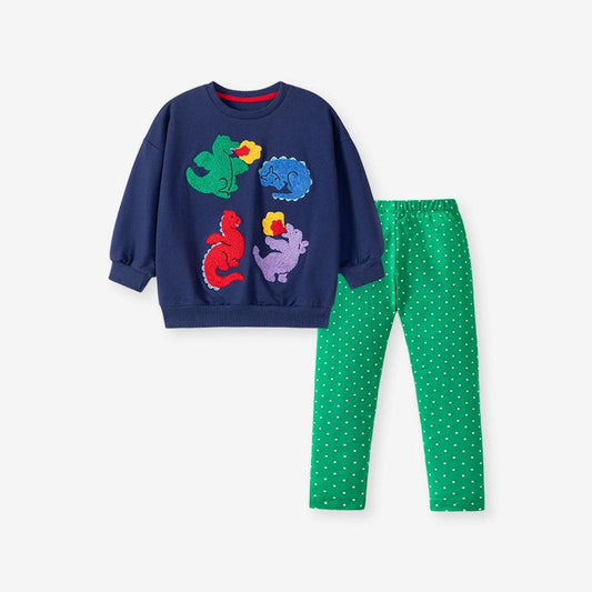 MyKids-USA® Girls Dragons Cartoon Pattern Long Sleeves Sweatshirt and Dots Pattern Pants Clothing Set