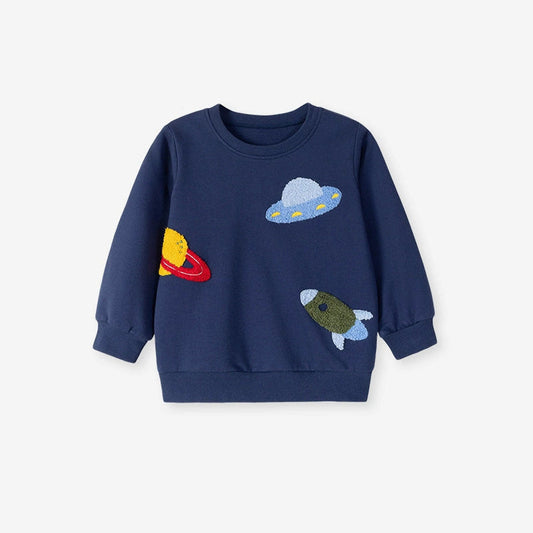Autumn Arrival Kids Boys Rocket and Planet Cartoon Pattern Crew Neck Long Sleeves Top Sweatshirt