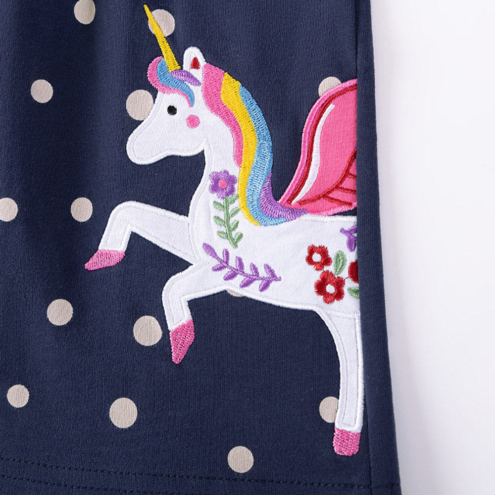 MyKids-USA® Unicorn Cartoon and Dots Pattern Long Sleeves Dress for Stylish Girls