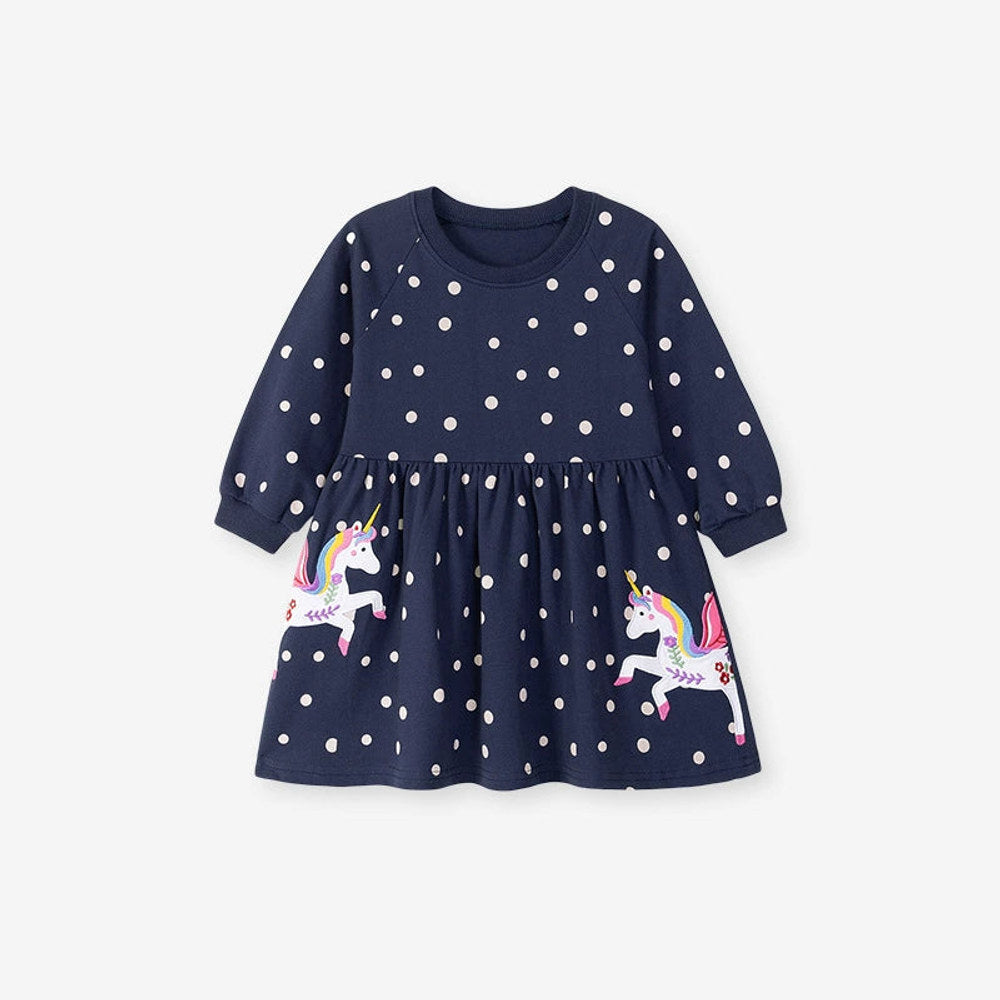 MyKids-USA® Unicorn Cartoon and Dots Pattern Long Sleeves Dress for Stylish Girls