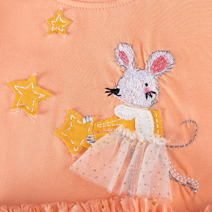 MyKids-USA® Animals Cartoon and Dots Pattern Tulle Patchwork Long Sleeves Dress for Stylish Girls
