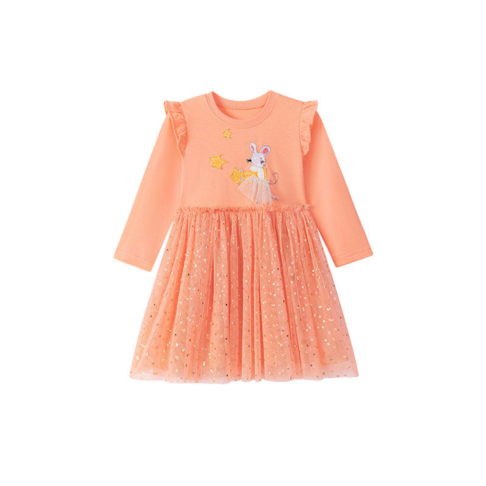 MyKids-USA® Animals Cartoon and Dots Pattern Tulle Patchwork Long Sleeves Dress for Stylish Girls