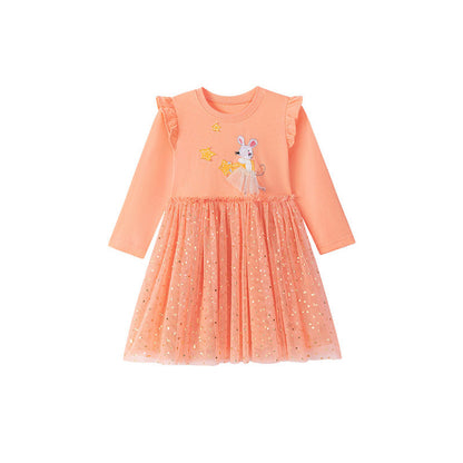 MyKids-USA® Animals Cartoon and Dots Pattern Tulle Patchwork Long Sleeves Dress for Stylish Girls