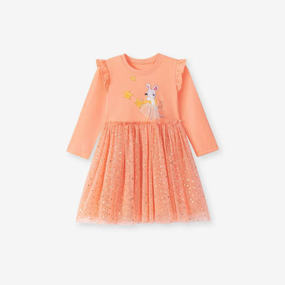 MyKids-USA® Animals Cartoon and Dots Pattern Tulle Patchwork Long Sleeves Dress for Stylish Girls