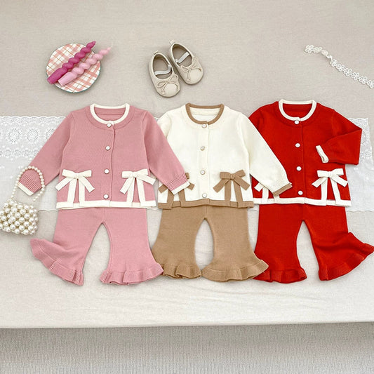 MyKids-USA® Baby Girls Long Sleeves Color Patchwork Butterfly-bows Decorated Knitted Top Cardigan and Long Trousers Clothing Set