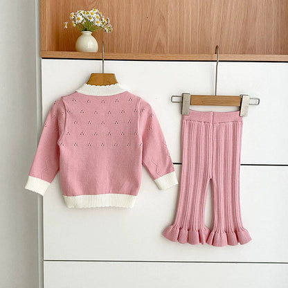 MyKids-USA® Baby Girls Long Sleeves Hollow-out and Flowers Pattern Knitted Top Cardigan and Long Trousers Clothing Set