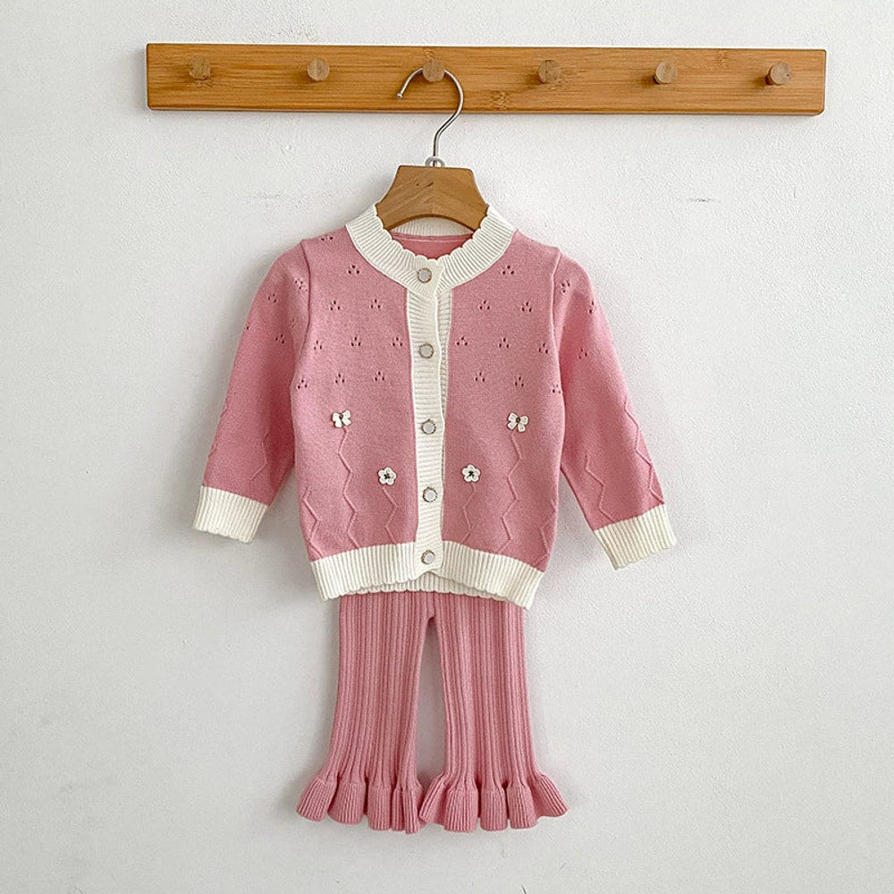 MyKids-USA® Baby Girls Long Sleeves Hollow-out and Flowers Pattern Knitted Top Cardigan and Long Trousers Clothing Set