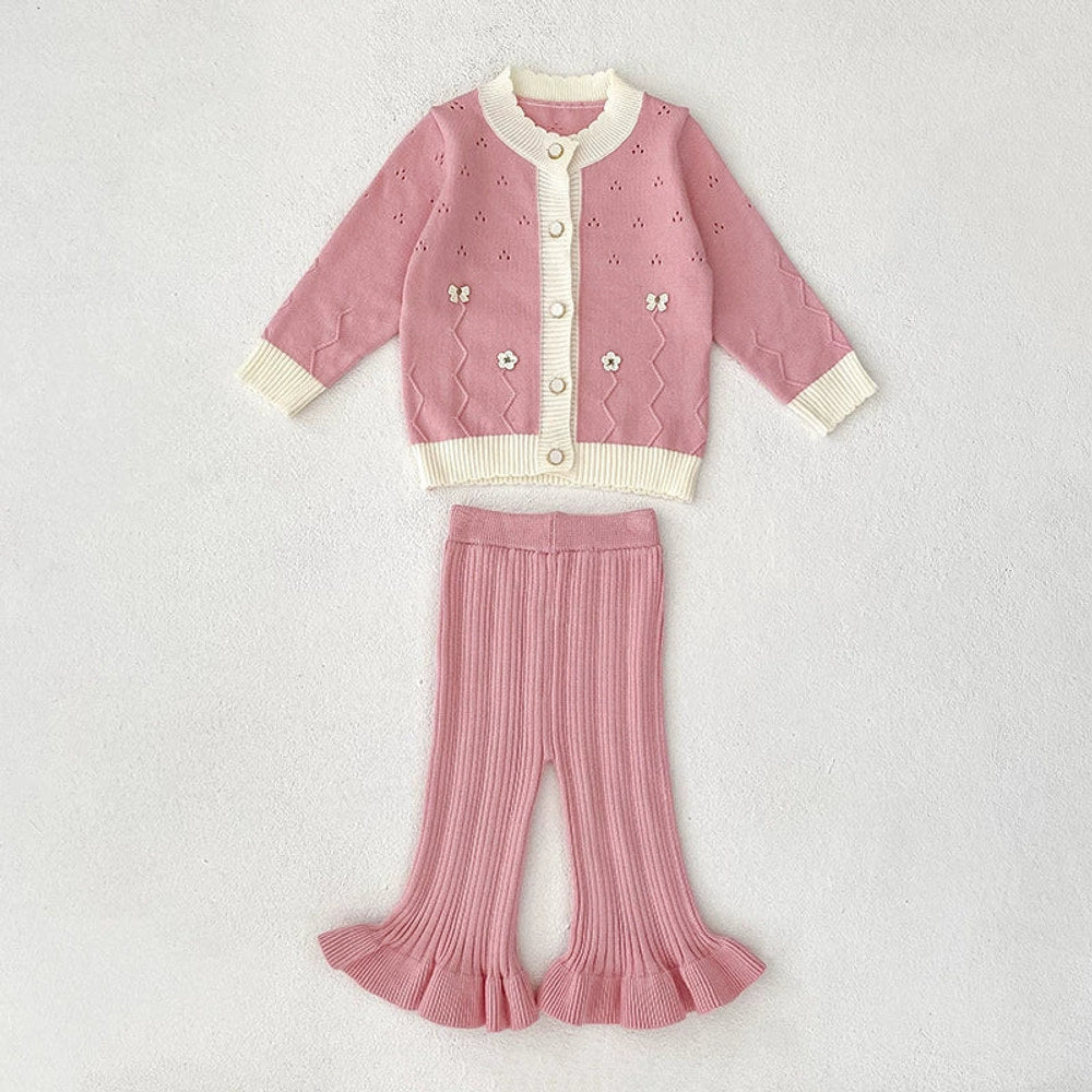 MyKids-USA® Baby Girls Long Sleeves Hollow-out and Flowers Pattern Knitted Top Cardigan and Long Trousers Clothing Set