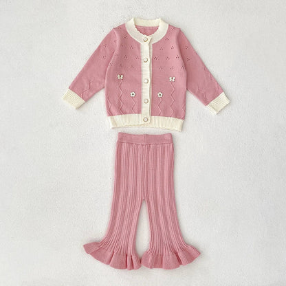 MyKids-USA® Baby Girls Long Sleeves Hollow-out and Flowers Pattern Knitted Top Cardigan and Long Trousers Clothing Set