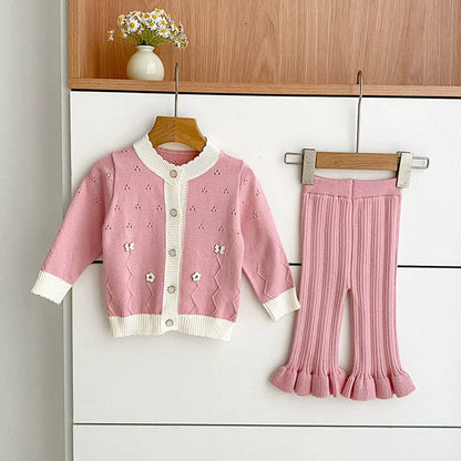 MyKids-USA® Baby Girls Long Sleeves Hollow-out and Flowers Pattern Knitted Top Cardigan and Long Trousers Clothing Set