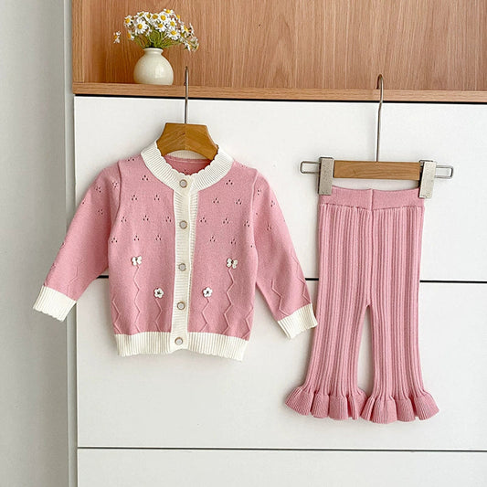 MyKids-USA® Baby Girls Long Sleeves Hollow-out and Flowers Pattern Knitted Top Cardigan and Long Trousers Clothing Set