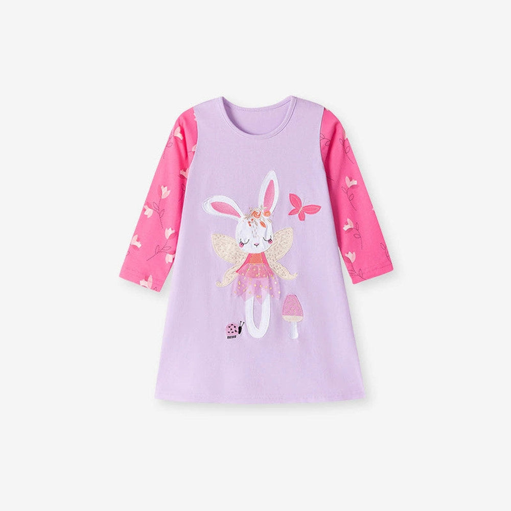 MyKids-USA® Autumn and Spring Arrival Tulle Decorated Fairy Cartoon Pattern Long Sleeves Dress for Stylish Girls