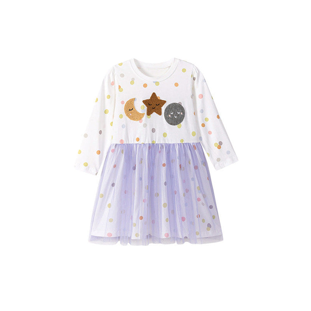 MyKids-USA® Cartoon and Polka Dots Pattern Tulle Patchwork Long Sleeves Dress for Stylish Girls