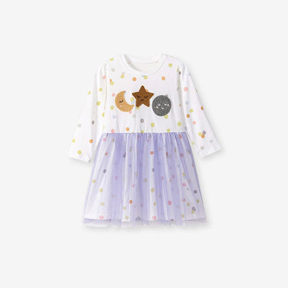 MyKids-USA® Cartoon and Polka Dots Pattern Tulle Patchwork Long Sleeves Dress for Stylish Girls