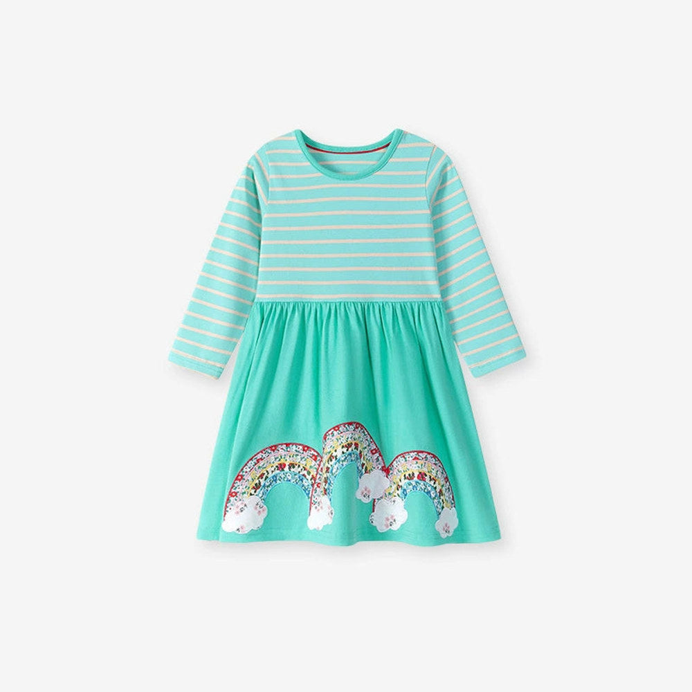 MyKids-USA® Rainbow and Striped Pattern Long Sleeves Dress for Stylish Girls