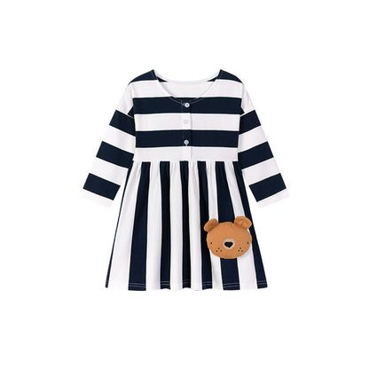MyKids-USA® Teddy and Striped Pattern Long Sleeves Dress for Stylish Girls