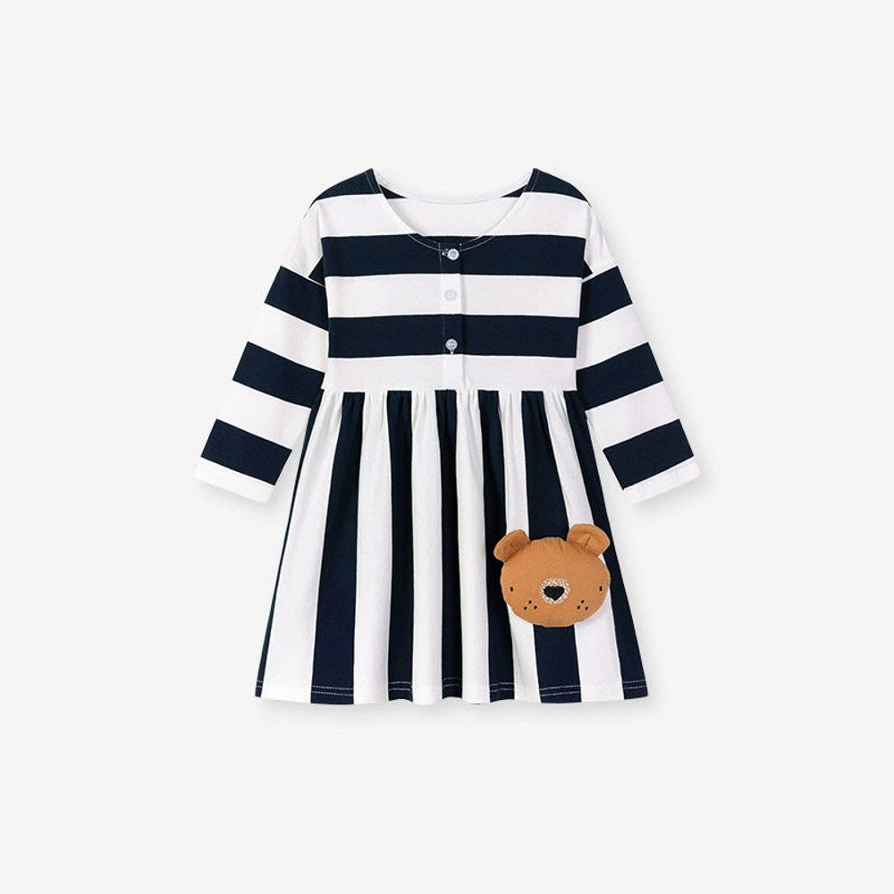 MyKids-USA® Teddy and Striped Pattern Long Sleeves Dress for Stylish Girls