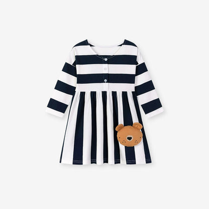 MyKids-USA® Teddy and Striped Pattern Long Sleeves Dress for Stylish Girls