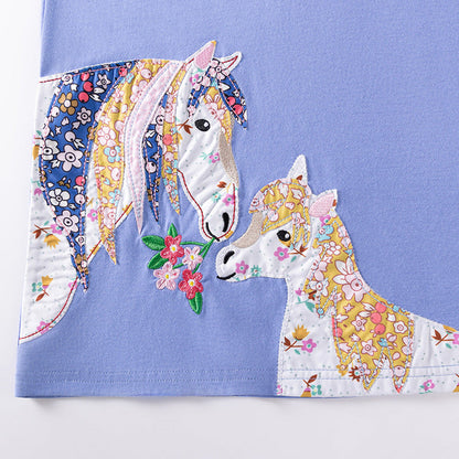 MyKids-USA® Color Patchwork Horse Cartoon Pattern Long Sleeves Dress for Stylish Girls