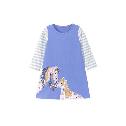 MyKids-USA® Color Patchwork Horse Cartoon Pattern Long Sleeves Dress for Stylish Girls