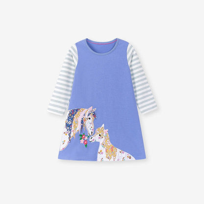 MyKids-USA® Color Patchwork Horse Cartoon Pattern Long Sleeves Dress for Stylish Girls