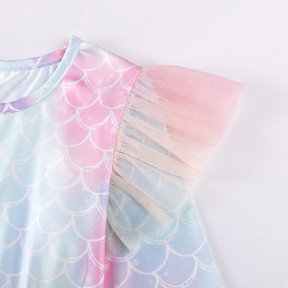 MyKids-USA® Geometric Pattern Tulle Patchwork Long Sleeves Dress for Stylish Girls