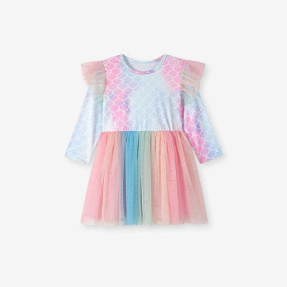 MyKids-USA® Geometric Pattern Tulle Patchwork Long Sleeves Dress for Stylish Girls