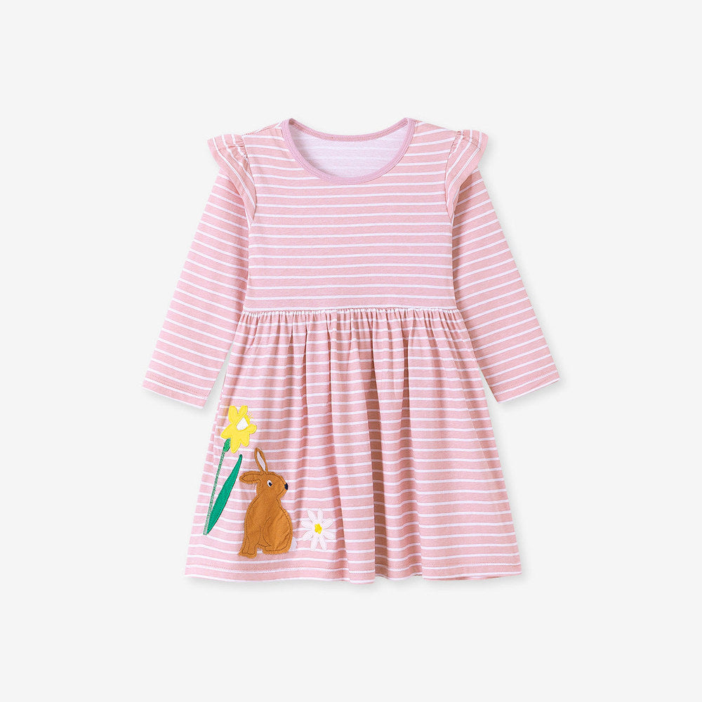 MyKids-USA® Striped and Cartoon Pattern Long Sleeves Dress for Stylish Girls