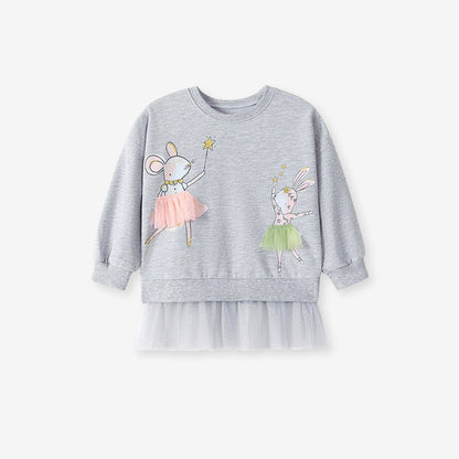 MyKids-USA® Girls Animals Cartoon Pattern Long Sleeves Tulle Decorated Sweatshirt and Pink Pants Clothing Set