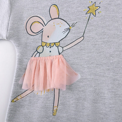 MyKids-USA® Girls Animals Cartoon Pattern Long Sleeves Tulle Decorated Sweatshirt and Pink Pants Clothing Set
