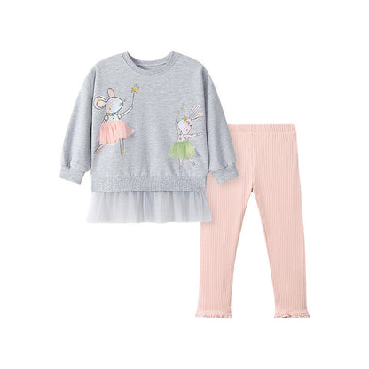 MyKids-USA® Girls Animals Cartoon Pattern Long Sleeves Tulle Decorated Sweatshirt and Pink Pants Clothing Set