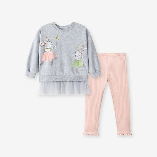 MyKids-USA® Girls Animals Cartoon Pattern Long Sleeves Tulle Decorated Sweatshirt and Pink Pants Clothing Set