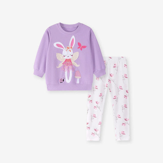 MyKids-USA® Girls Cute Rabbit Cartoon Pattern Long Sleeves Sweatshirt and Floral Pants Clothing Set