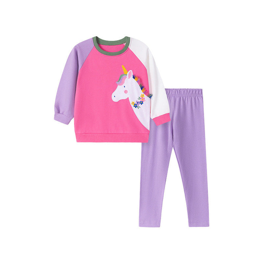 MyKids-USA® Girls Cute Unicorn Cartoon Pattern Long Sleeves Sweatshirt and Purple Pants Clothing Set