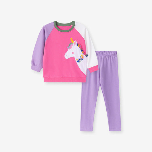 MyKids-USA® Girls Cute Unicorn Cartoon Pattern Long Sleeves Sweatshirt and Purple Pants Clothing Set