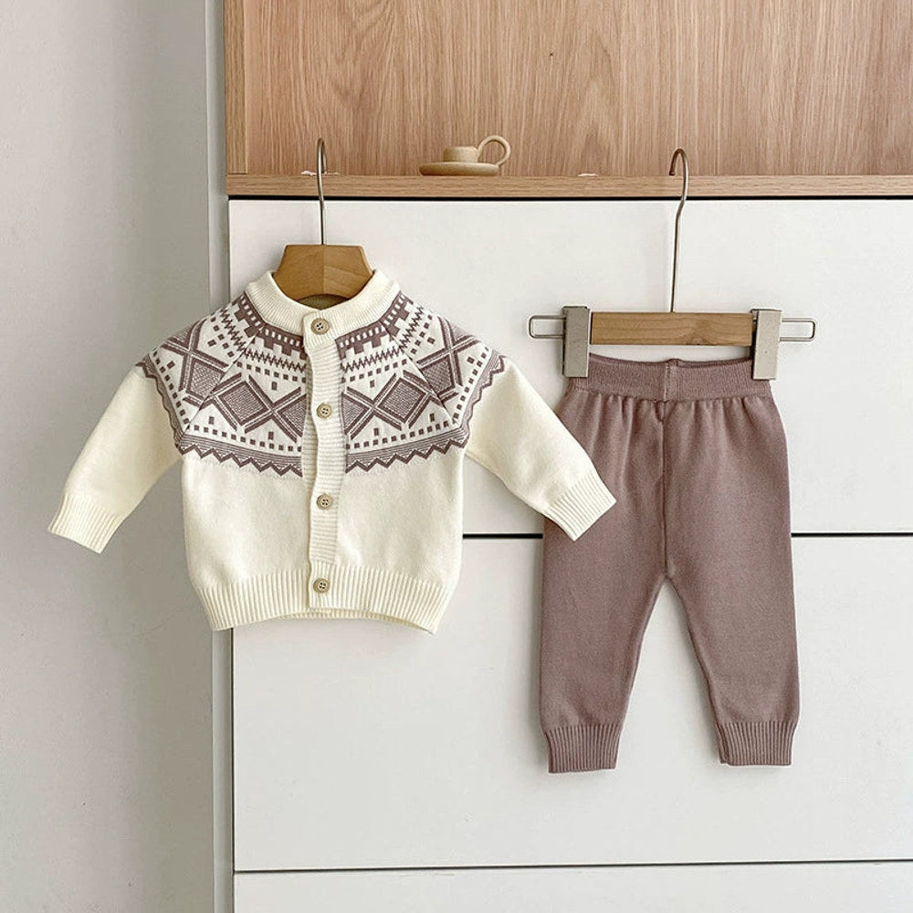 MyKids-USA® Baby Unisex Long Sleeves Geometric Pattern Knitted Top Cardigan and Long Trousers Clothing Set