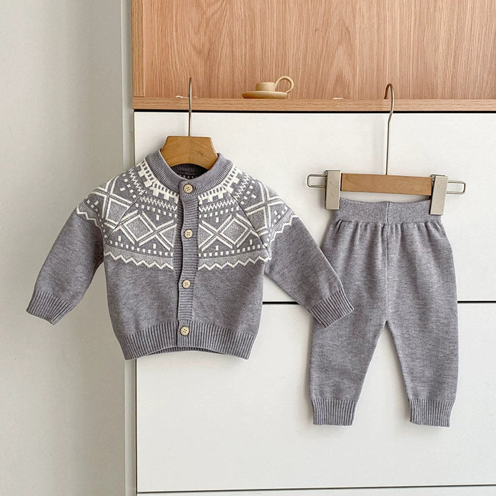 MyKids-USA® Baby Unisex Long Sleeves Geometric Pattern Knitted Top Cardigan and Long Trousers Clothing Set