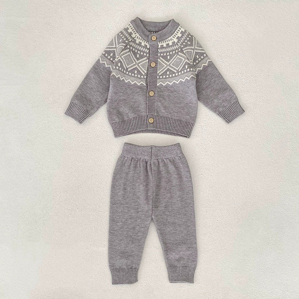 MyKids-USA® Baby Unisex Long Sleeves Geometric Pattern Knitted Top Cardigan and Long Trousers Clothing Set