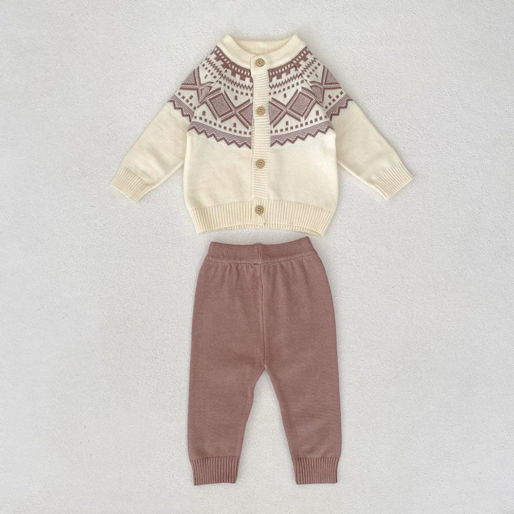 MyKids-USA® Baby Unisex Long Sleeves Geometric Pattern Knitted Top Cardigan and Long Trousers Clothing Set