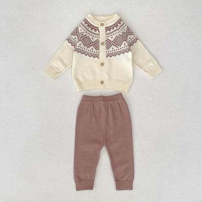 MyKids-USA® Baby Unisex Long Sleeves Geometric Pattern Knitted Top Cardigan and Long Trousers Clothing Set