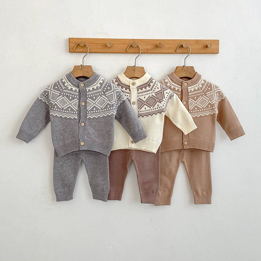 MyKids-USA® Baby Unisex Long Sleeves Geometric Pattern Knitted Top Cardigan and Long Trousers Clothing Set