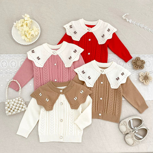 MyKids-USA® Baby Girls Comfortable Butterfly-bows Decorated Knitted Jacquard Long Sleeves Cardigan